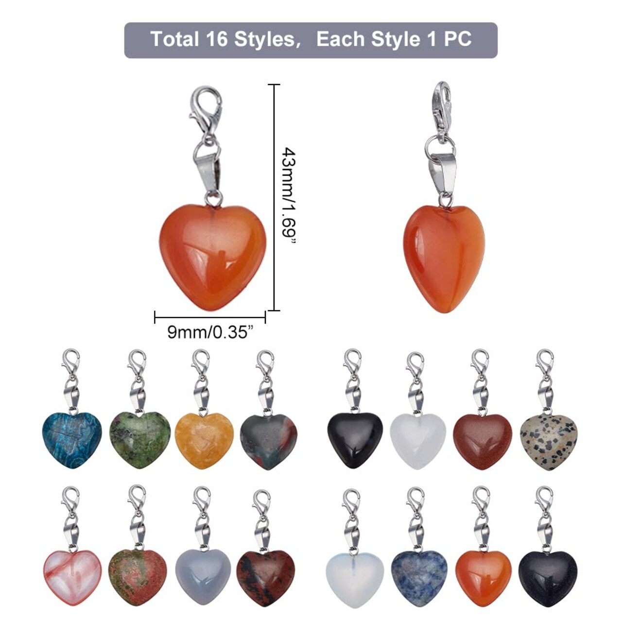 16 Pieces Heart Stone Charms Love Heart Pendants Valentine Charms Quartz Gemstone Chakra Stone Charm Pendants with Lobster Claw Clasps for Valentine Mother Wedding Necklace Jewelry Making